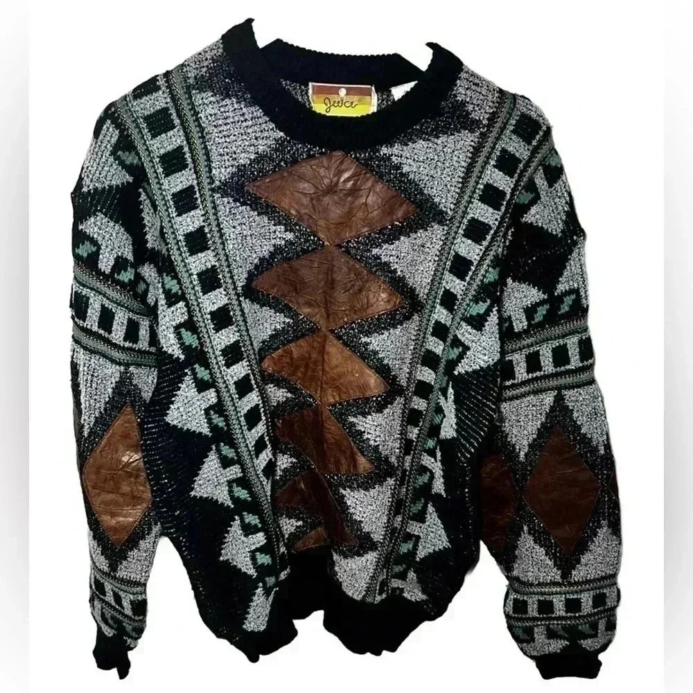 Vintage 80s Coogi-Style Aztec Sweater Textured Knit with Leather Panels, medium